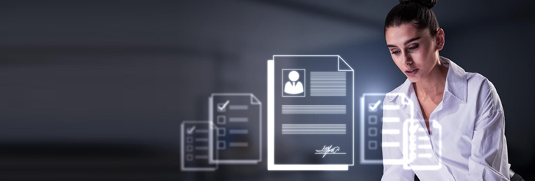 Illustration of a woman reviewing candidate profiles during a hiring process, with digital profile cards prominently displayed in the foreground.
